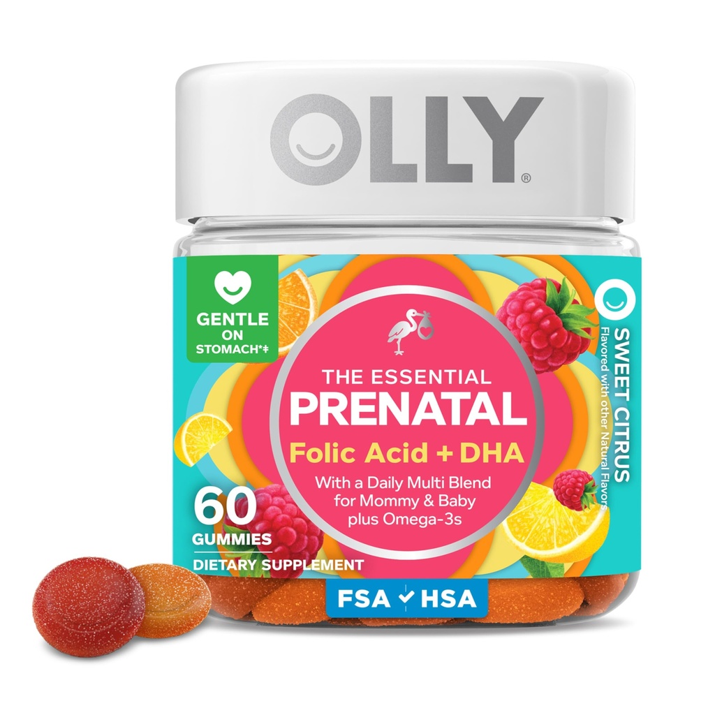 OLLY Prenatal Multivitamin 거미는, 건강한 성장과 뇌 발달, Folic 산, 비타민 D, Omega 3 DHA, Chewable 보충교재, 감귤류 맛, 30 일 공급 - 60 조사를 지원합니다
