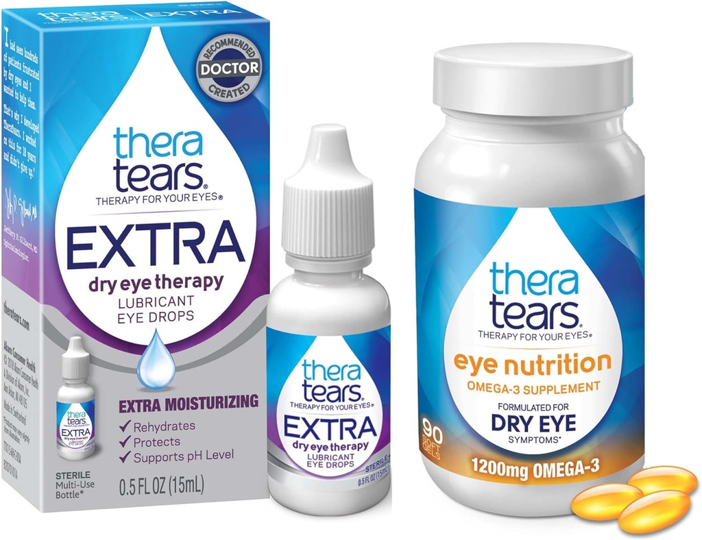 Eye Nutrition,Organic Flaxseed Triglyceride Fish Oil & VIT E, 90 조사 눈 강하, 여분 건조한 눈 치료, 15 mL, 0.5 Fl oz를 위한 TheraTears 1200mg Omega 3 보충교재