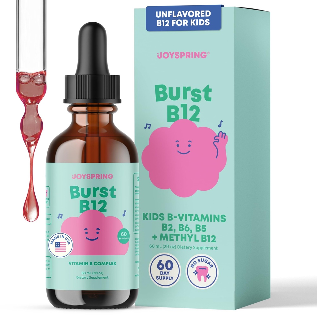 JoySpring Burst B12 Drops - 아이를위한 비타민 B 복합체 (2 fl oz) B2, B6, B5 + Methylcobalamin B12 어린이 보충 건강한 성장 및 개발, Vegan B12, 나이 2-16 + | 60 서빙