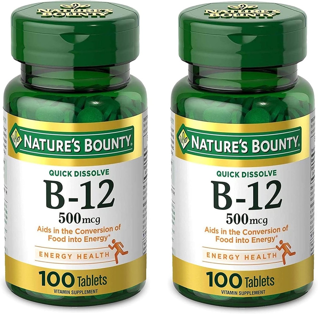 Nature 's Bounty Vitamin B12, Energy Metabolism 및 Nervous System Health, 500mcg, 정제, 100 Ct (패키지 2) 지원