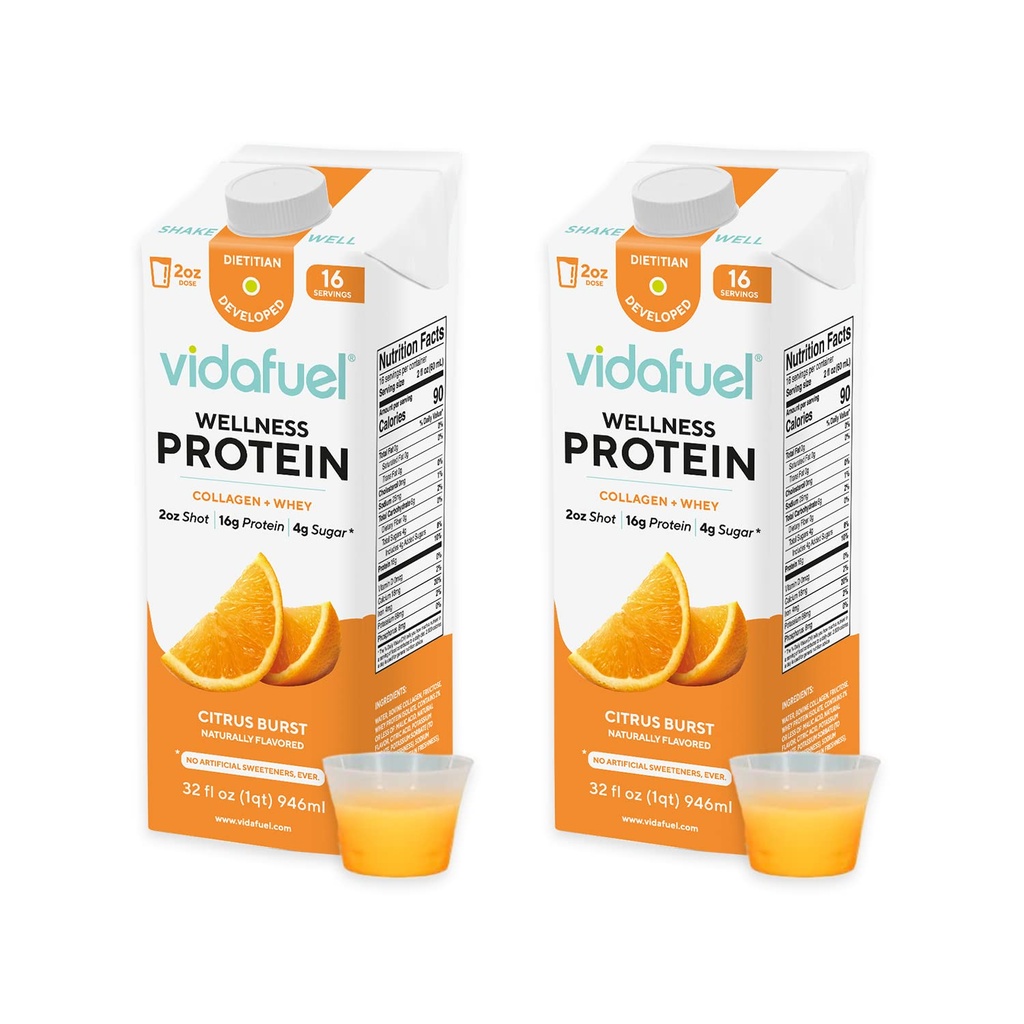 Vidafuel 단백질 음료, 2oz 탄 당 16g 단백질, 32 fl oz 판지, 2 팩, 감귤류, 교원질 및 Whey 음료, 인공 감미료 없음