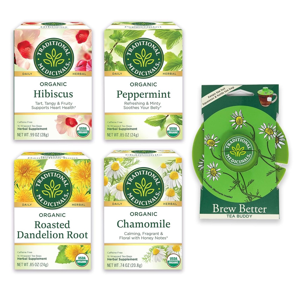 4개의 소싱 풍미에 있는 웰니스를 위한 전통적인 약, 유기 다양성 팩, Peppermint, Chamomile, Hibiscus, Roasted Dandelion 뿌리, 차 버디, 64의 차 부대, (4 팩)를 포함합니다