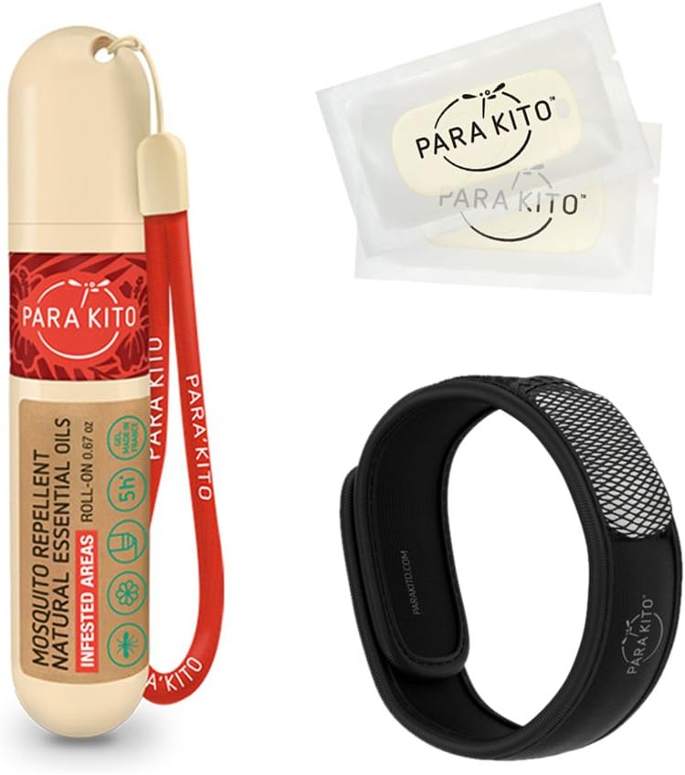 PARA'KITO Mosquito Repellent 번들, 1 모기 Repellent 팔찌, 1 롤 온 젤, 버그 Repellent 팔찌, 착용 가능한 모기 Repellent 장치, 검정