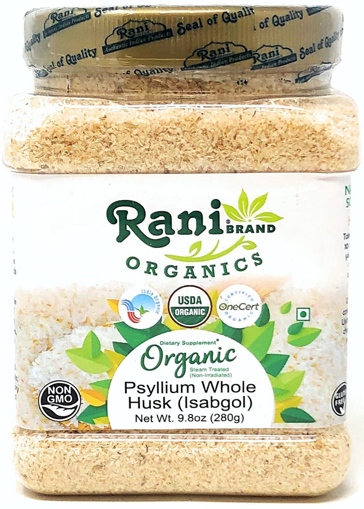 Rani Organics Psyllium Whole Husk Powder (Isabgol), Dietary Fiber Supplement, USDA Organic 9.8oz (280g) PET Jar ~ 모든 자연 | Vegan | Gluten Friendly | Non-GMO | 인도 원산지