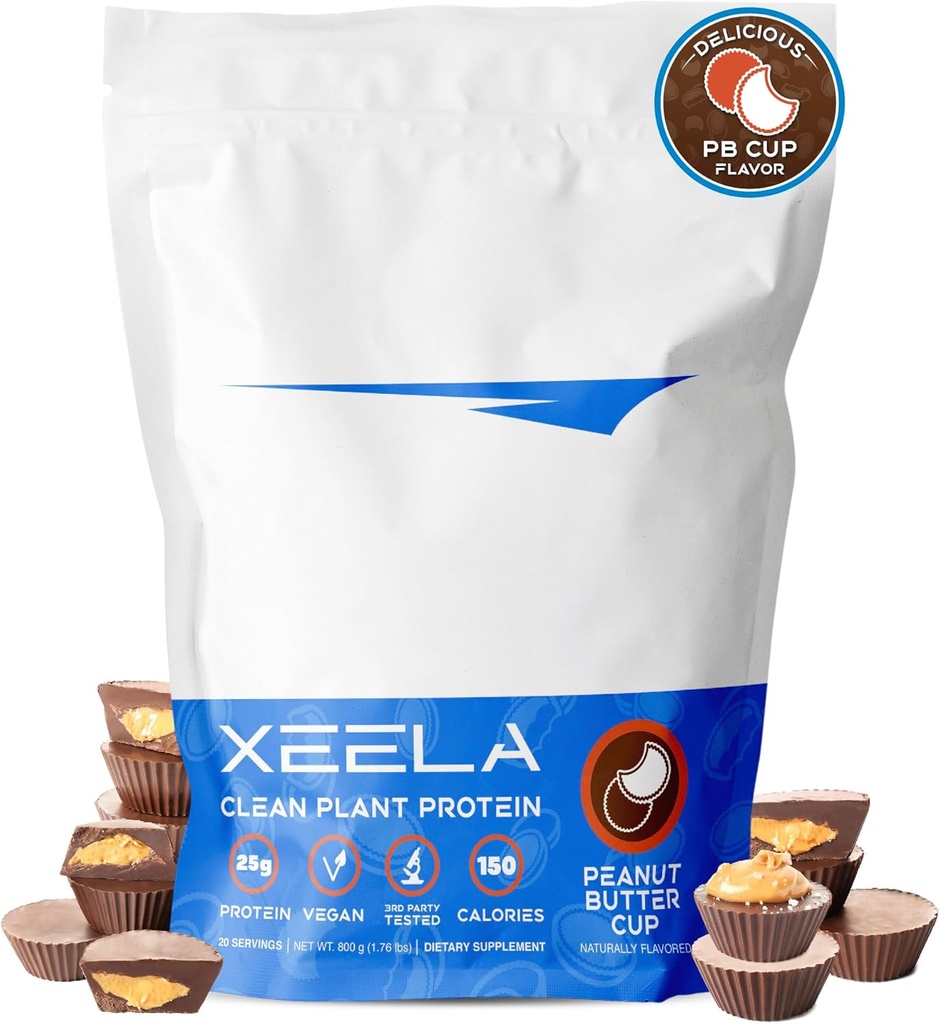 XEELA 식물 기반 채식 단백질 분말 - 독립적으로 테스트 - 25g 높은 단백질, 남성 및 여성을위한 완두 단백질 - 비타민 및 미네랄, 비 GMO, 낙농 및 글루텐 무료, LowCarb & LowFat (Peanut Butter Cup)