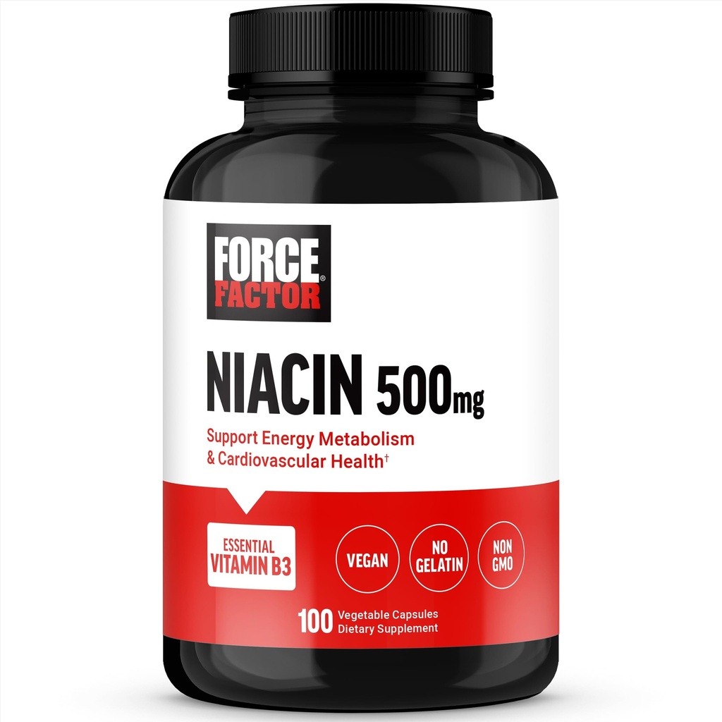 ForCE FACTOR Niacin 비타민 B3는 세포질 에너지와 심장 혈관 건강을 지원하기 위하여, Niacin 500mg 심장 건강 보충교재, 채식주의자, 젤라틴 없음, 비 GMO, 100개의 식물성 캡슐
