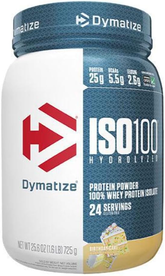 Dymatize ISO 100 Whey Protein Powder 25g의 Hydrolyzed 100 % Whey Isolate, 글루텐 무료, 빠른 소화, 생일 케이크, 1.6 파운드