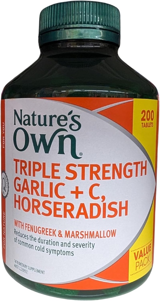 Nature's Own Triple Strength Garlic + C, Horseradish 200 태블릿 전용 크기