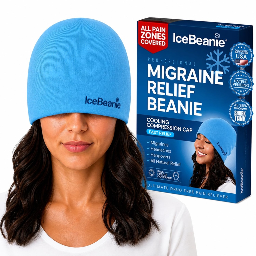IceBeanie Migraine Relief Cap, Shark Tank, Soft & Stretchy Gel Tension Headache Relief Cap, Extended Cooling Hangover Ice Hat, 무취 헤드 랩 아이스 팩 랩, 두통 기타 마스크