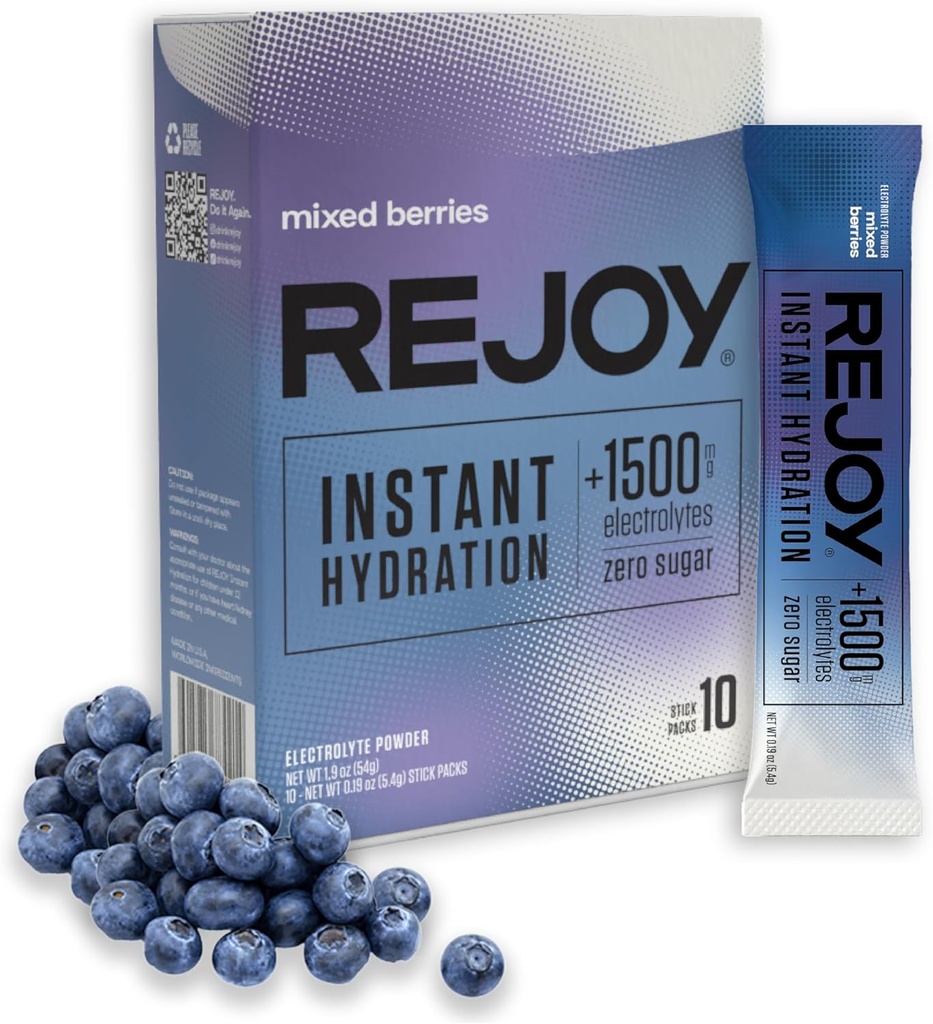 Rejoy – Electrolyte Powder Packets, 10 스틱 – Hydration Drink Mix Supplement – Sugar Free, Keto 및 Paleo Friendly, Vegan, Non-GMO, Easy Open Single-Serving Stick (Mixed Berries)