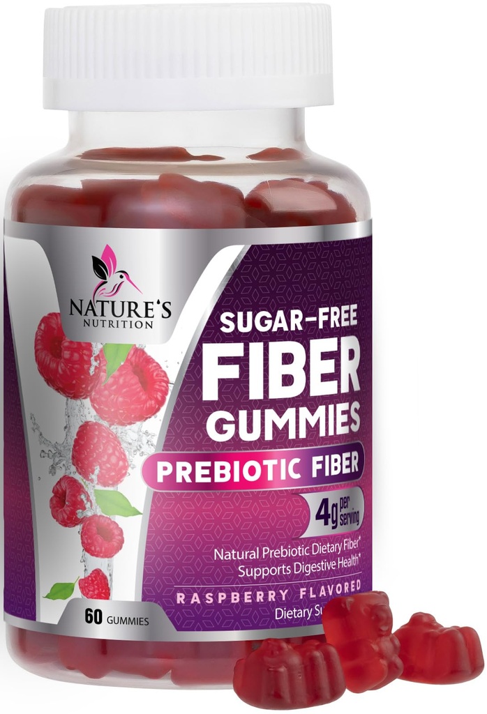 Prebiotic 섬유 Gummies 4g - 성인의 소화 건강 및 일반 지원을위한 설탕 무료 거미 섬유 보충 - 천연 라즈베리 맛, 식물 기반 혼합, 비 GMO 및 글루텐 무료 - 60 Gummies