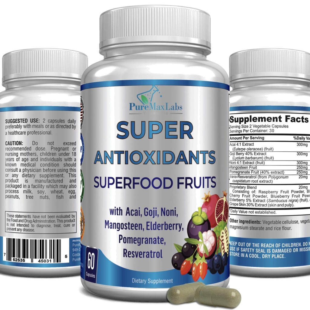 Super 산화 방지제 과일 Superfood Complex - 강력한 산화 방지제 Superfruits, Acai, Goji, Noni, Mangosteen, Pomegranate, Elderberry, Resveratrol, 면역 지원, 피부 관리 - 60 캡슐
