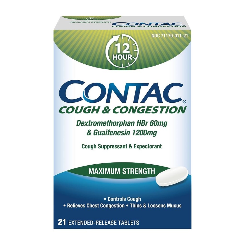 Contac 기침 & 혼잡 최대 힘 통제 기침, 얇고 느슨한 Mucus, Guaifenesin & Dextromethorphan HBr, 장시간 방출 정제, 21 조사