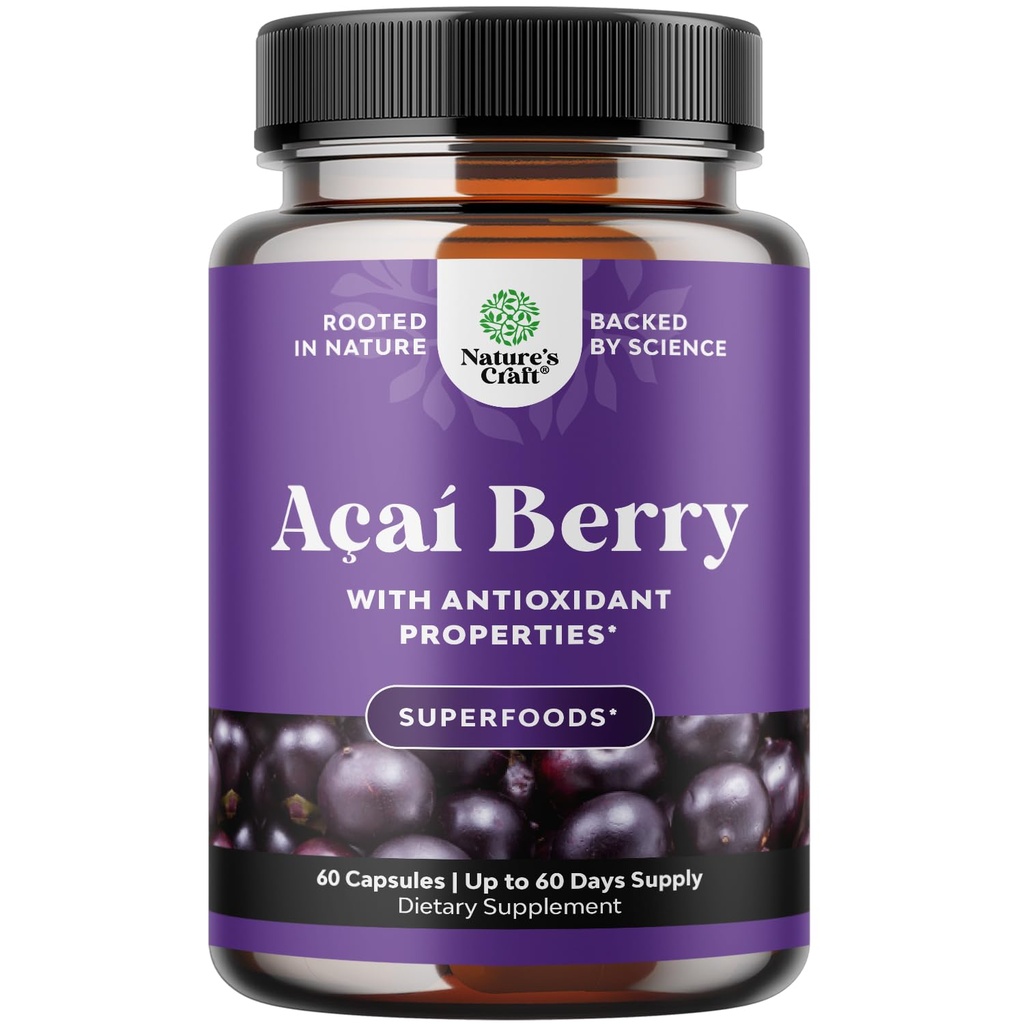 Natures Craft Acai Berry Antioxidant Support 체중 감량 여성 및 남성을위한 보충 - 비타민 미네랄 산화 방지제 공식 지원 면역 체계 및 부스트 에너지 인지 건강 - 60 서빙