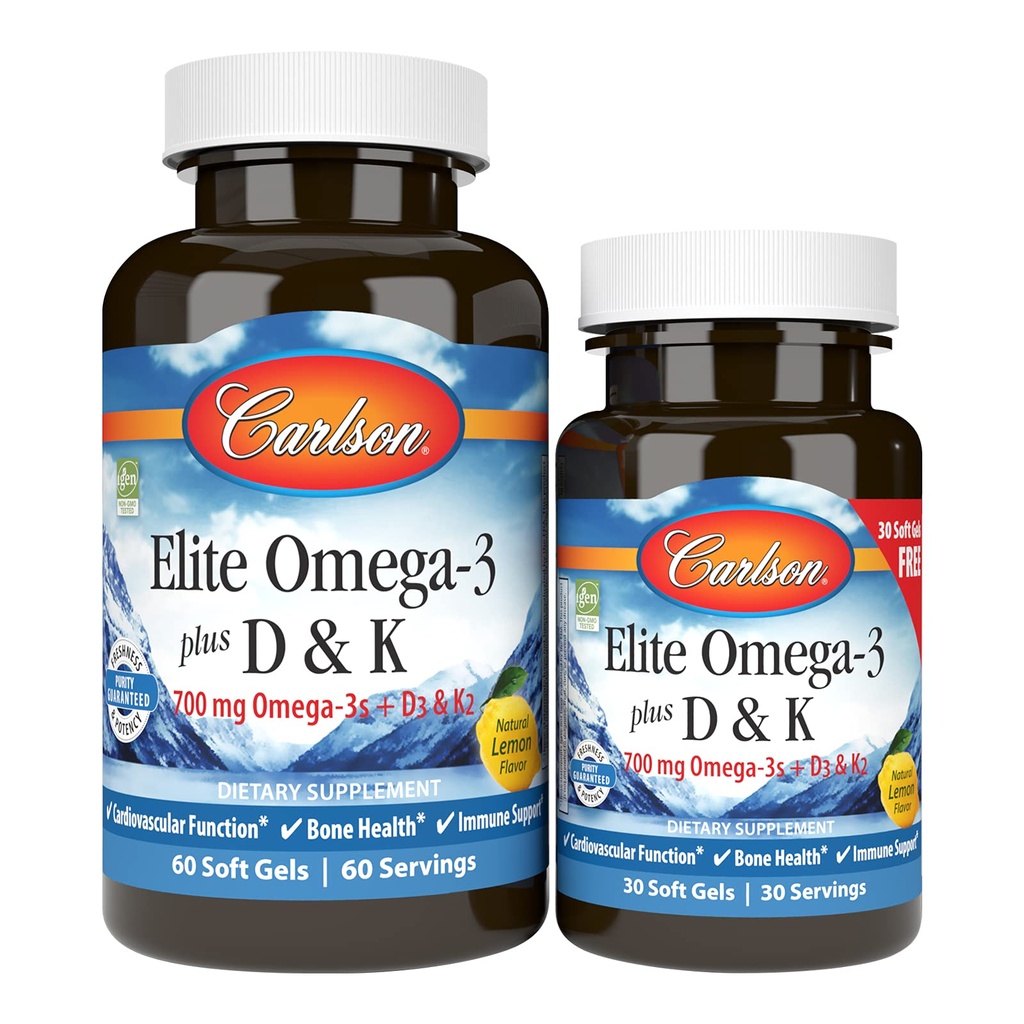 Carlson - 엘리트 Omega-3 플러스 D & K, 700 mg Omega-3s + D3 & K2의 기능, 뼈 건강 & 면역 지원, 레몬, 60+30 Softgel