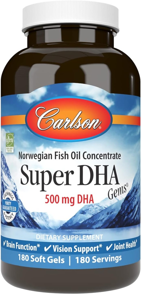 Carlson - 슈퍼 DHA Gems, 500 mg DHA 보조 식품, 640 mg 지방산, 야생 겁에 질린 노르웨이 Arctic 오메가 3 물고기 오일 보충, 지속 가능한 Sourced Fish Oil Capsules, 180 Softgels