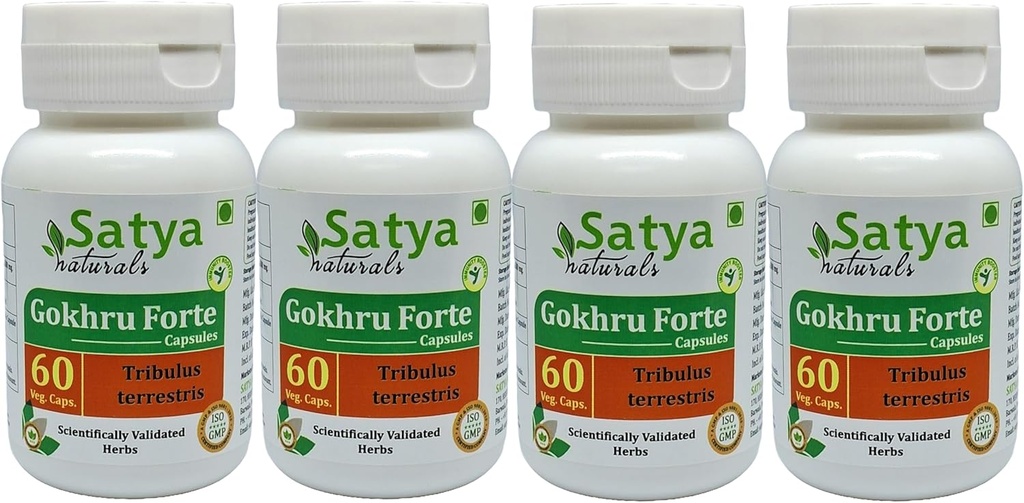 Gokhru Forte 캡슐 500 mg. 60 Veg. 캡슐 | Gokharu (Tribulus Terrestris) 남성과 여성을위한 캡슐을 추출 | Ayurvedic Herbal Supplement/Remedies | 10:1 Forte (4 병 60 캡슐)