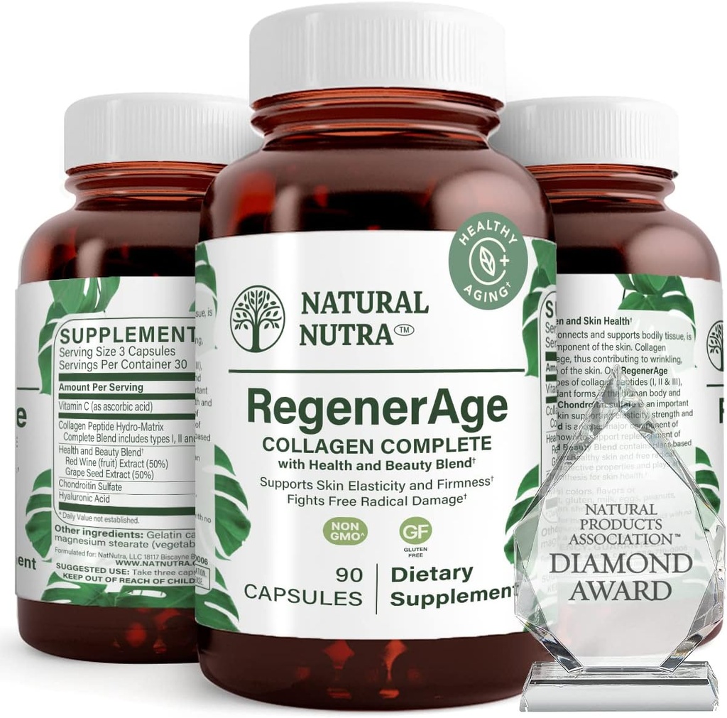 자연적인 Nutra RegenerAge는 단백질 펩티드를 가진 피부 건강을 위한 보충을, 감소시킵니다 뻗기 표, 완전한 건강, 비타민 C, 포도씨 빨간 포도주 추출물, 글루텐 자유로운, 90의 캡슐 완료합니다.
