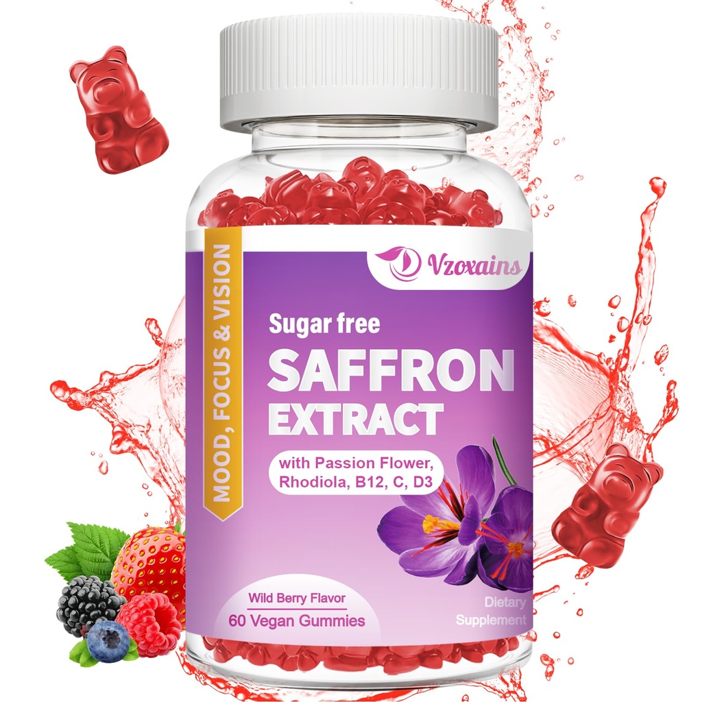 Saffron Gummies, 1 Saffron 보조 식품 Magnesium, Ashwagandha & Rhodiola Rosea, Sugar Free Vegan 혼합 Berry 맛 - 60Cts