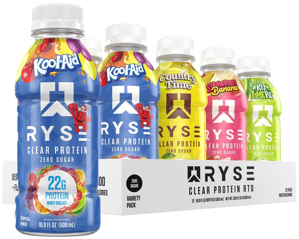 RYSE Clear Protein Drink - 다양한 팩 - 100 칼로리, 22g Whey Isolate Protein Shake, Sugar-Free, 0g Fat & Lactose-Free - Ready-to-Drink 음료 - 16.9 fl oz Bottle (12-Pack)