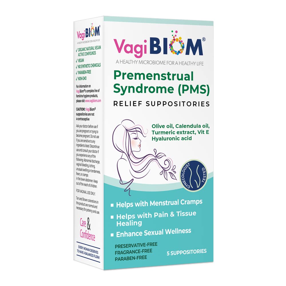 VagiBiom Menstrual Relief Suppositories (5 Suppositories) Calendula Oil, Cocoa Butter, Turmeric 및 VIT E와 함께 기간 크림프, Mood Swings와 함께 도움이됩니다. 조직 치유. 미국 제작, Vegan, 호르몬 무료