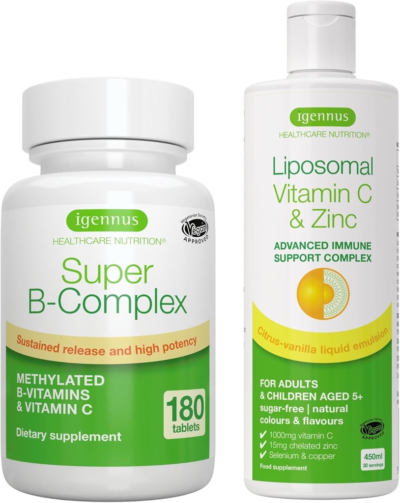 Super B-Complex + Liposomal 비타민 C 1000mg & 아연 Vegan 번들, 메틸을 입힌 중단한 방출 B Complex & 높은 흡수 액체 면역성이 있는 지원 Complex, Igennus에 의하여
