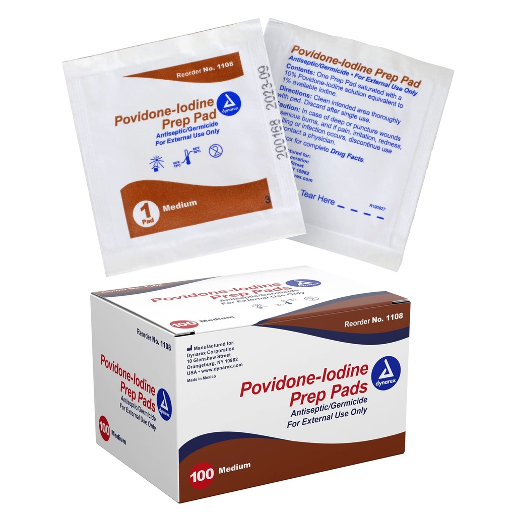 Dynarex Povidone-Iodine Prep Pads는 Povidone Iodine 10 %, Prepping Prior Minor Procedures, Medium, 1 Case of 100 Prep Pads에 사용되는 의료용 무균 닦음으로 구성됩니다.
