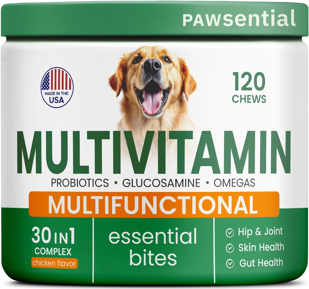 개 비타민 + 글루코사민 - Chewable Multivitamins + Probiotics, 오메가 - Hip & 합동 지원, 피부 & 외투, Gut 건강 - 성인 & 고위 - 크고 작은 Breed - 120 Chews