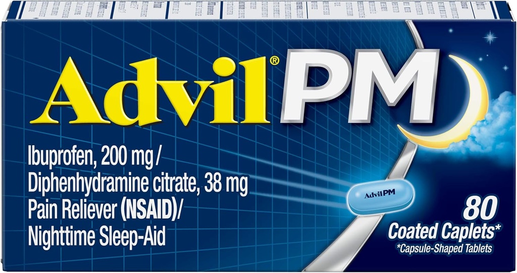 Advil PM Pain Reliever and Nighttime Sleep Aid, 통증 완화 및 수면 보조를위한 Diphenhydramine Citrate를위한 Ibuprofen과 통증 의학 - 80 개 (패치 2)