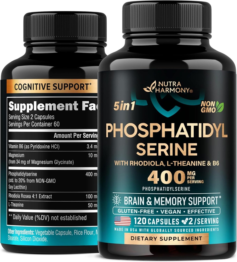 Phosphatidylserine 400 mg L-Theanine, 마그네슘 & 비타민 B6, Rhodiola Rosea - 뇌, 기억 & 초점 지원 - 증명된 비 GMO, 자연적으로 Derived & Bioavailable - 미국에서 만드는 - 120 Сapsules
