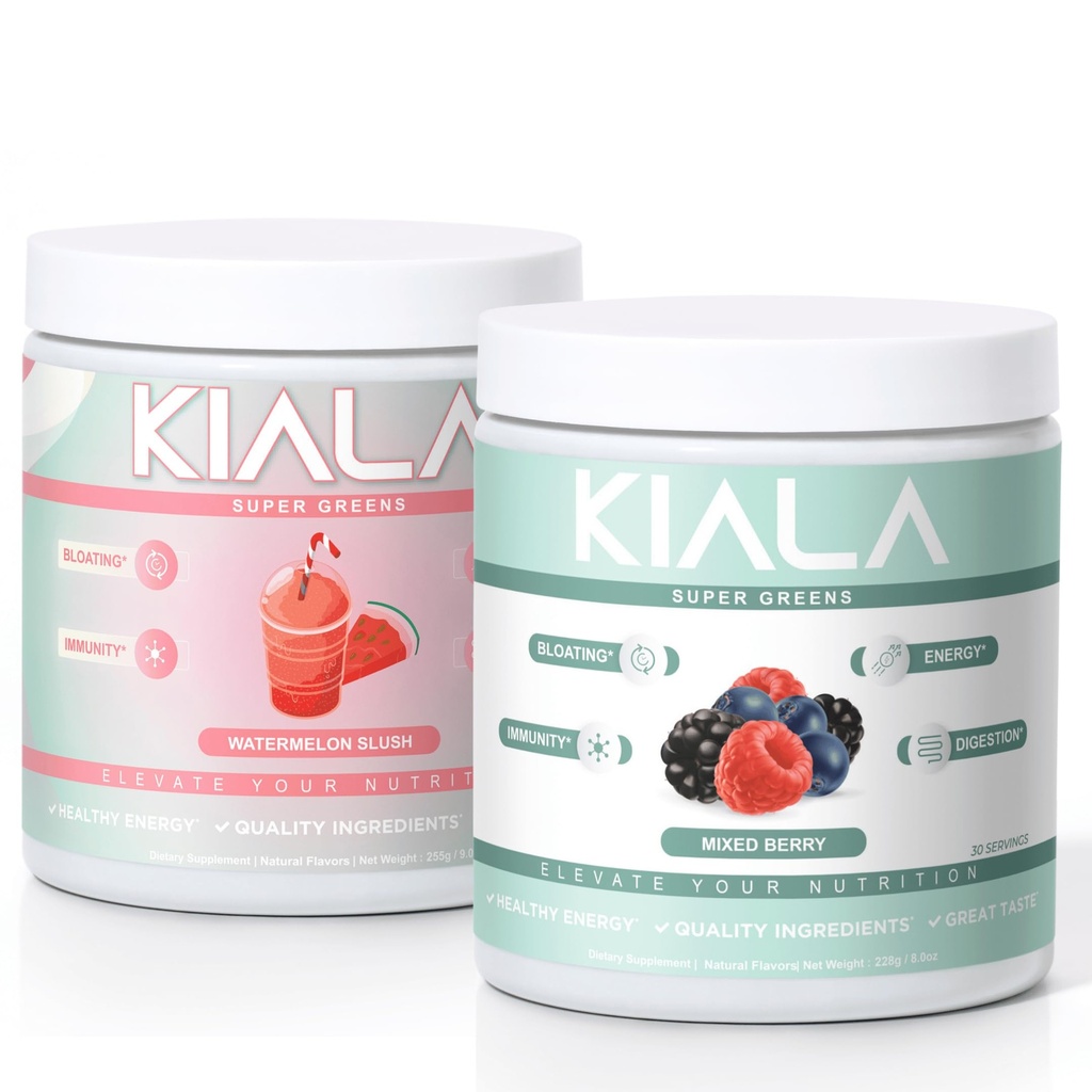 Kiala 영양 최고 녹색, 유기 녹색 분말, Spirulina & Chlorella Superfood 분말, 설탕 & 글루텐 자유로운 채식주의자, Spectra 혼합, 수박 & 혼합 베리 2 팩