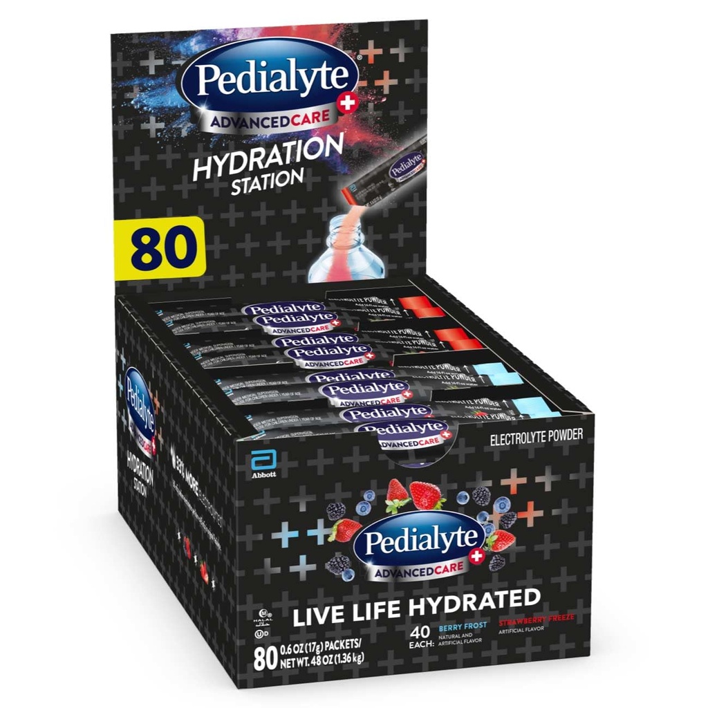 Pedialyte AdvancedCare Plus Electrolyte 파우더, 33% 더 전해질 및 PreActiv Prebiotics, Hydration Station 다양성, 80 분말 패킷