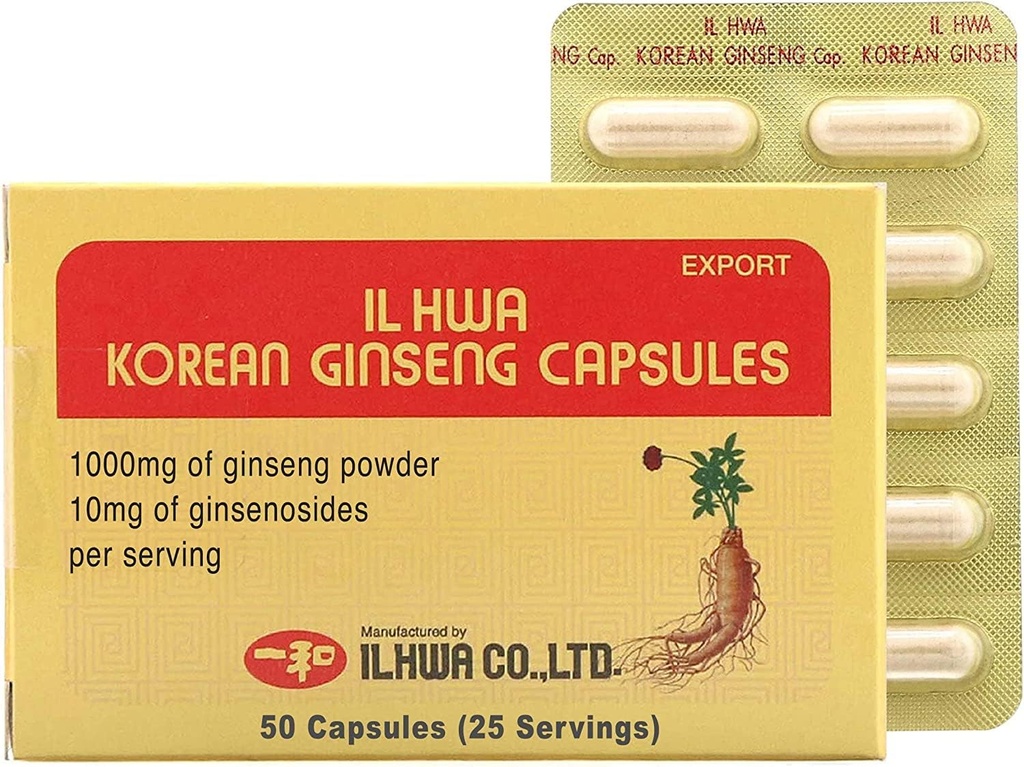 ILHWA 한국 인삼 캡슐 (500 mg * 100 캡슐, 50 서빙) - 100 % 순수 한국 인삼 뿌리 분말 500mg. Ginsenoside 서빙 당 10 mg.