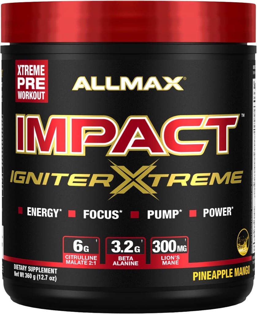 ALLMAX Nutrition - Impact Igniter Extreme Pre 운동 파우더 - Citrulline Malate, Beta - Alanine, 카페인, 타우린 및 베타인 무수 (Pineapple Mango)