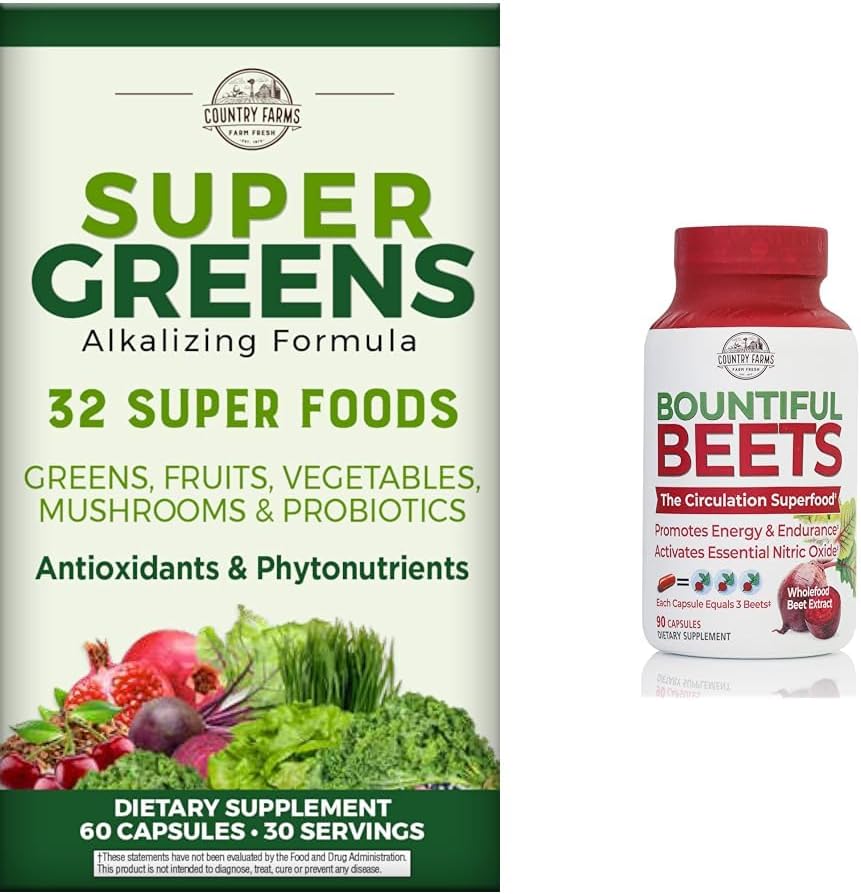 COUNTRY FARMS 슈퍼 그린 과일 야채 Probiotics 산화 방지제 Phytonutrients Beet 뿌리 니트로 산화물 순환 면역 지원 캡슐