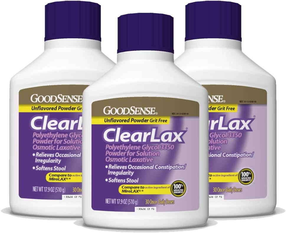 좋은 센스 ClearLax, 폴리에틸렌 글리콜 3350 솔루션 분말, Osmotic Laxative, 53.7 Oz, 3 팩