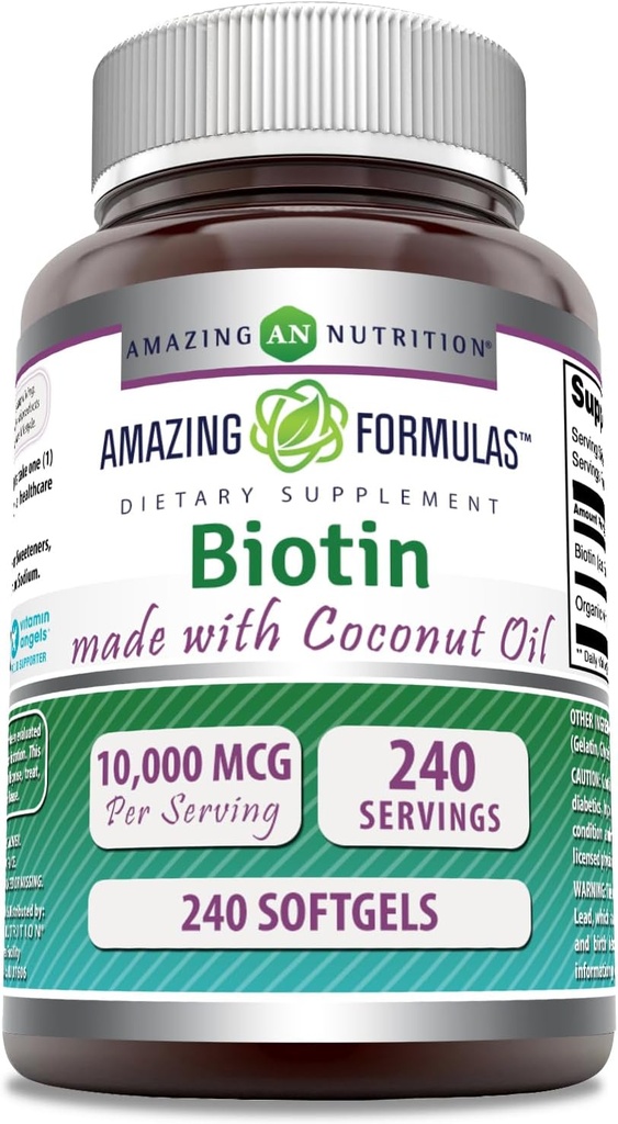 추가 버진 유기농 코코넛 오일 보충으로 놀라운 수식 바이오틴 | 10000 Mcg | Softgels | Non-GMO | Gluten-Free | Made in USA (1 Pack, 240 Count)