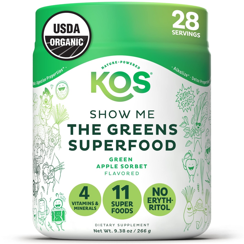 KOS Organic Super Greens Powder Erythritol Free - 공장 기반 Superfood Blend with Spirulina, Chlorella & Wheatgrass - USDA 인증 유기농, 녹색 주스 스무디 - Apple flavor - 28 서빙