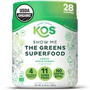 KOS Organic Super Greens Powder Erythritol Free - 공장 기반 Superfood Blend with Spirulina, Chlorella & Wheatgrass - USDA 인증 유기농, 녹색 주스 스무디 - Apple flavor - 28 서빙