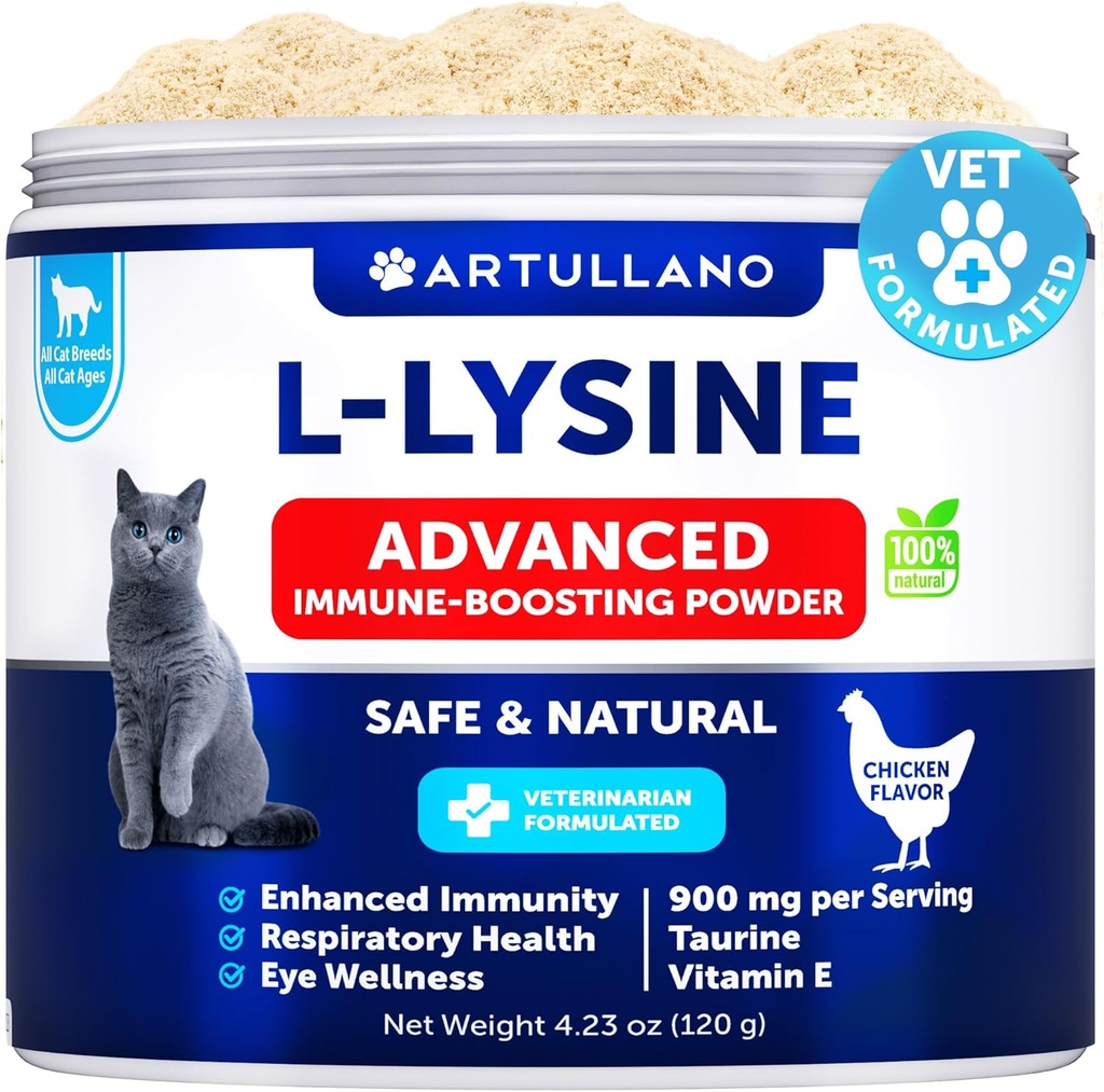 고양이를위한 L-Lysine - 리신 분말 보충 - 900mg / serving - 고양이 및 새끼 고양이를위한 면역 지원 - Sneezing, Runny Nose, Squinting, Watery Eyes, Cold, Eye Function, 호흡 건강 - 타우린과 함께