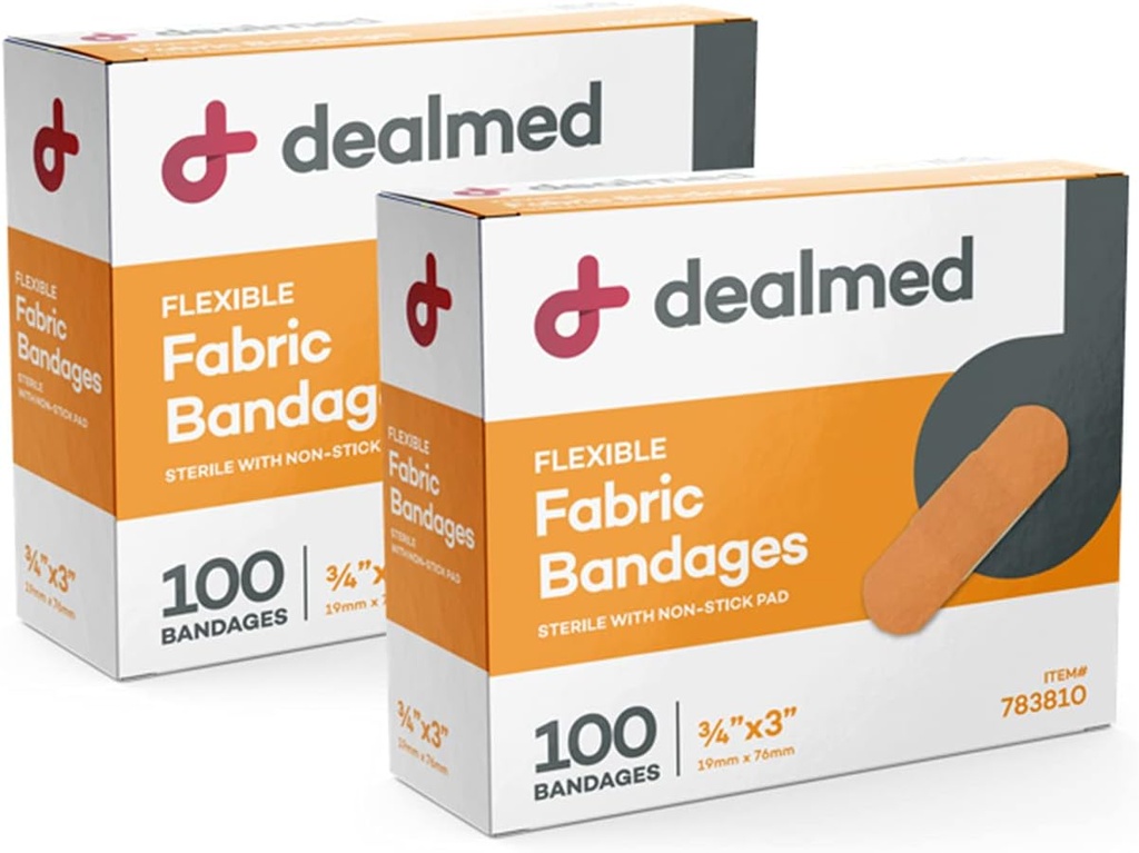 Dealmed 직물 가동 가능한 접착성 붕대 – 100개의 조사 (2 팩) 비 찰상 패드, 유액 자유로운, 첫번째 원조 장비를 위한 부상 배려, 3" x 3/4"