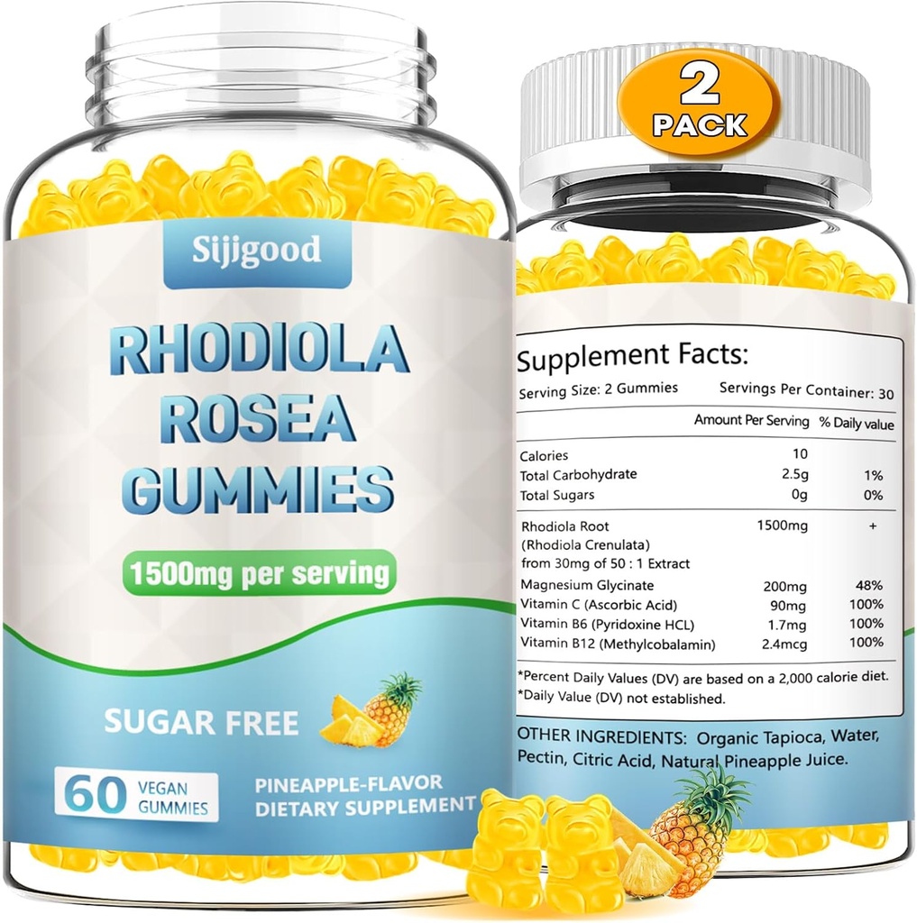 2 팩 설탕 자유로운 Rhodiola Rosea Gummies, Adaptogenic Rhodiola Rosea 보충교재 & 향상된 체력을 위한 Cortisol 차단제, 계류 및 Motivation 부스트, 비 GMO, Vegan, 120 조사