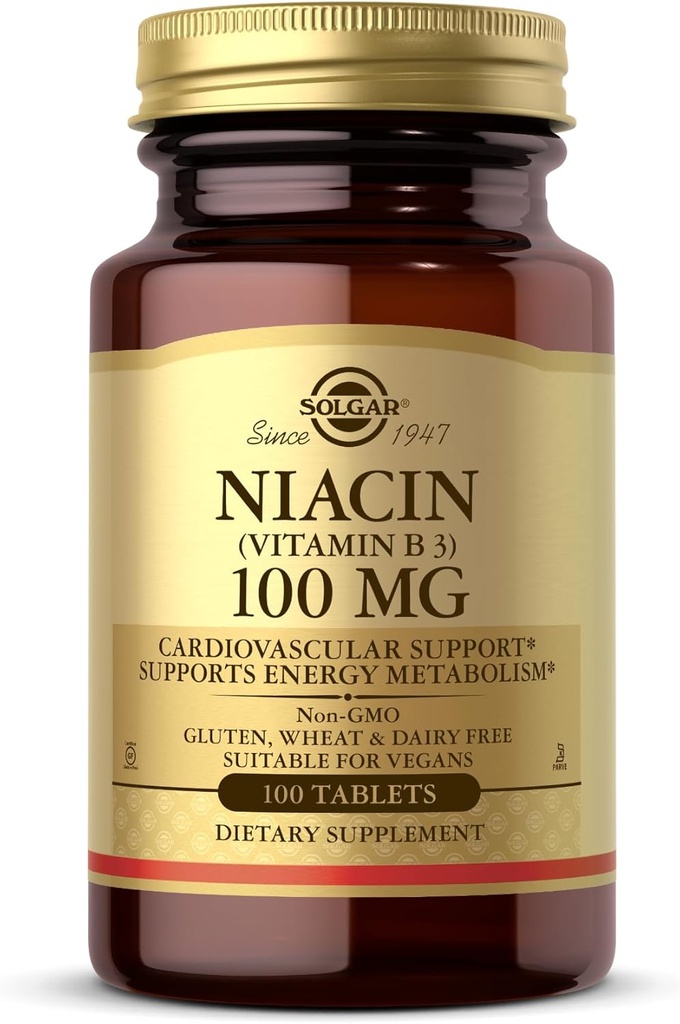 Solgar Niacin (비타민 B3) 100 mg - 100 정제 - 에너지 대사 지원 - 비 GMO, 비건, 글루텐 무료, 낙농장 무료, 고셔 - 100 서빙