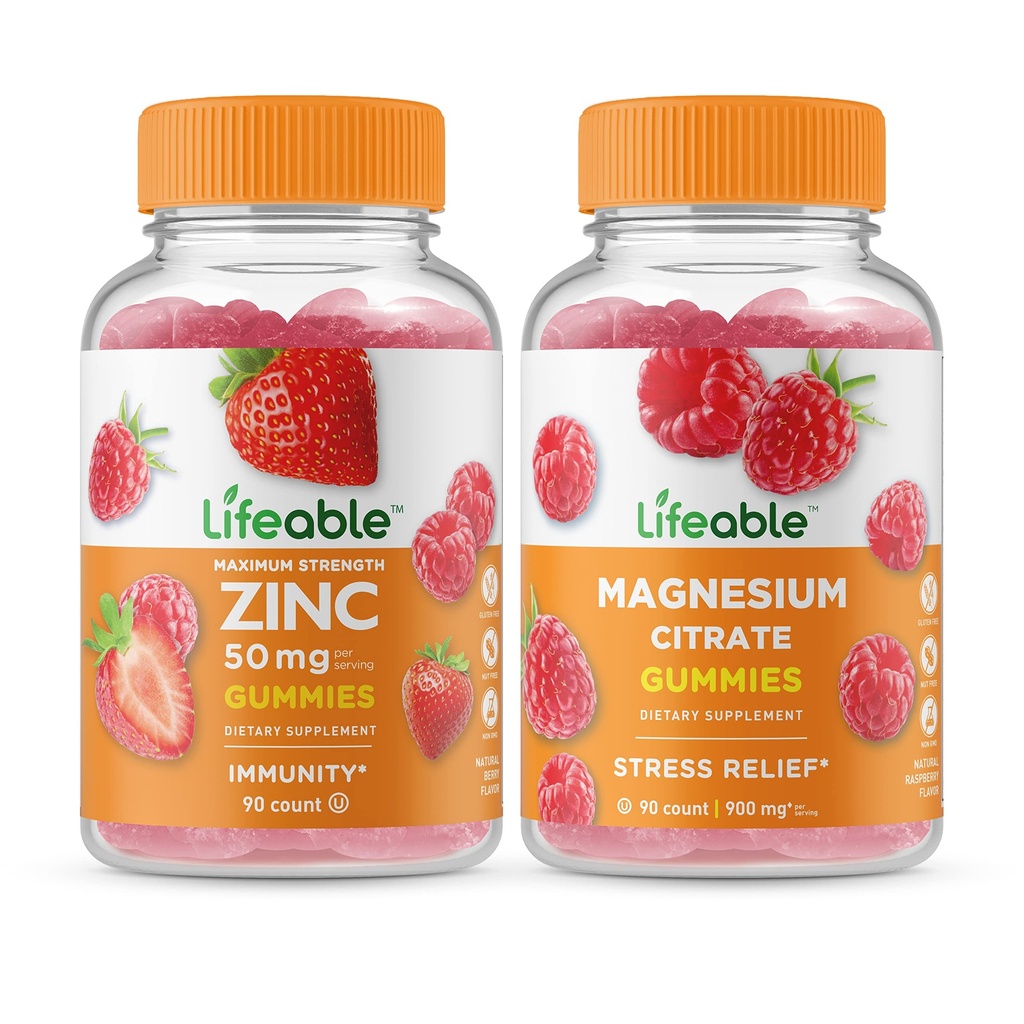 Lifeable 아연 50mg + 마그네슘, Gummies 번들 - 훌륭한 타스팅, 비타민 보충, 글루텐 무료, GMO 무료, Chewable 거미