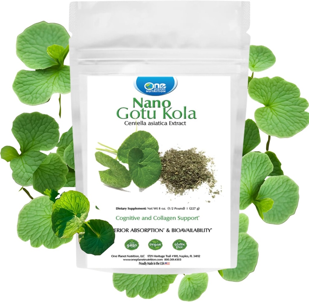 One Planet Nutrition Nano Gotu Kola Powder 8 oz (227 서빙), Gotu Kola Extract, 나노 강화 흡수, 뇌 기능 강화 및 콜라겐 합성, 비 GMO, Vegan, 글루텐 프리