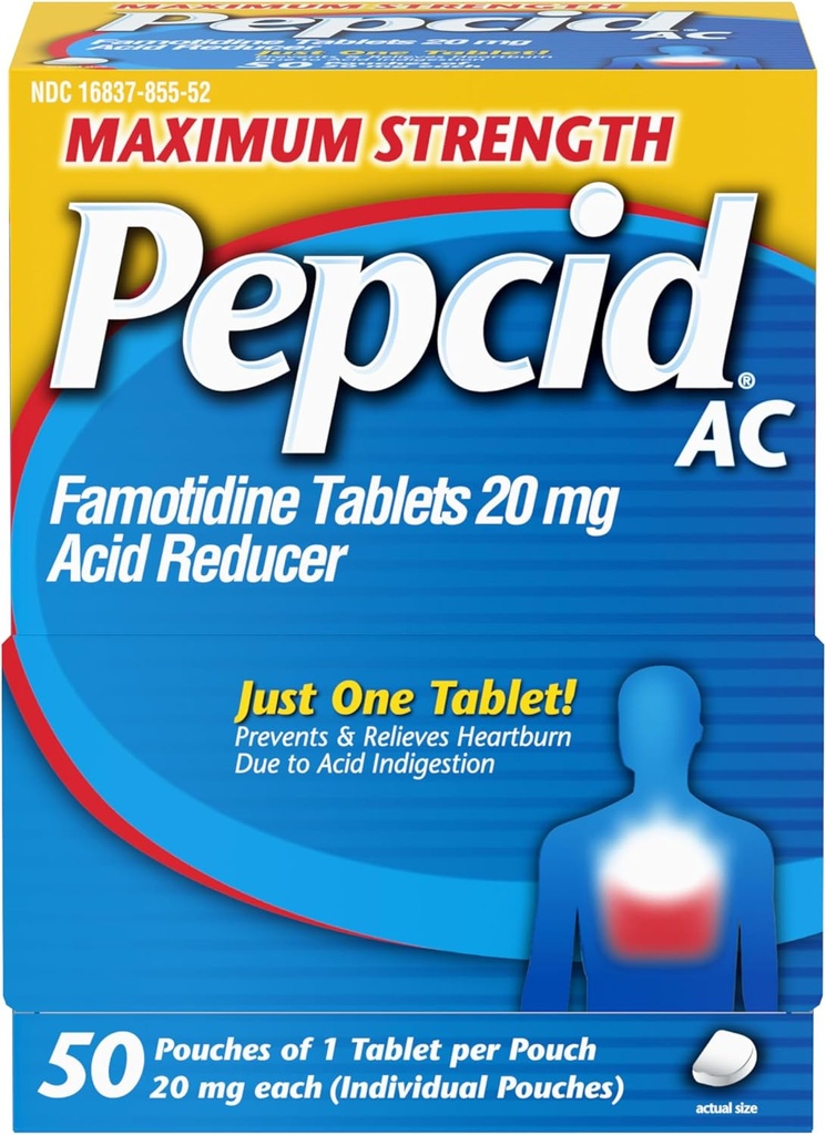 Pepcid AC 최대 힘 Heartburn 기복 정제, OTC 약은 심장 박동 & 산 Reflux 산 Indigestion 때문에, 20mg Famotidine 산성 흡진기, 빠른 행동, 1 x 50 ct