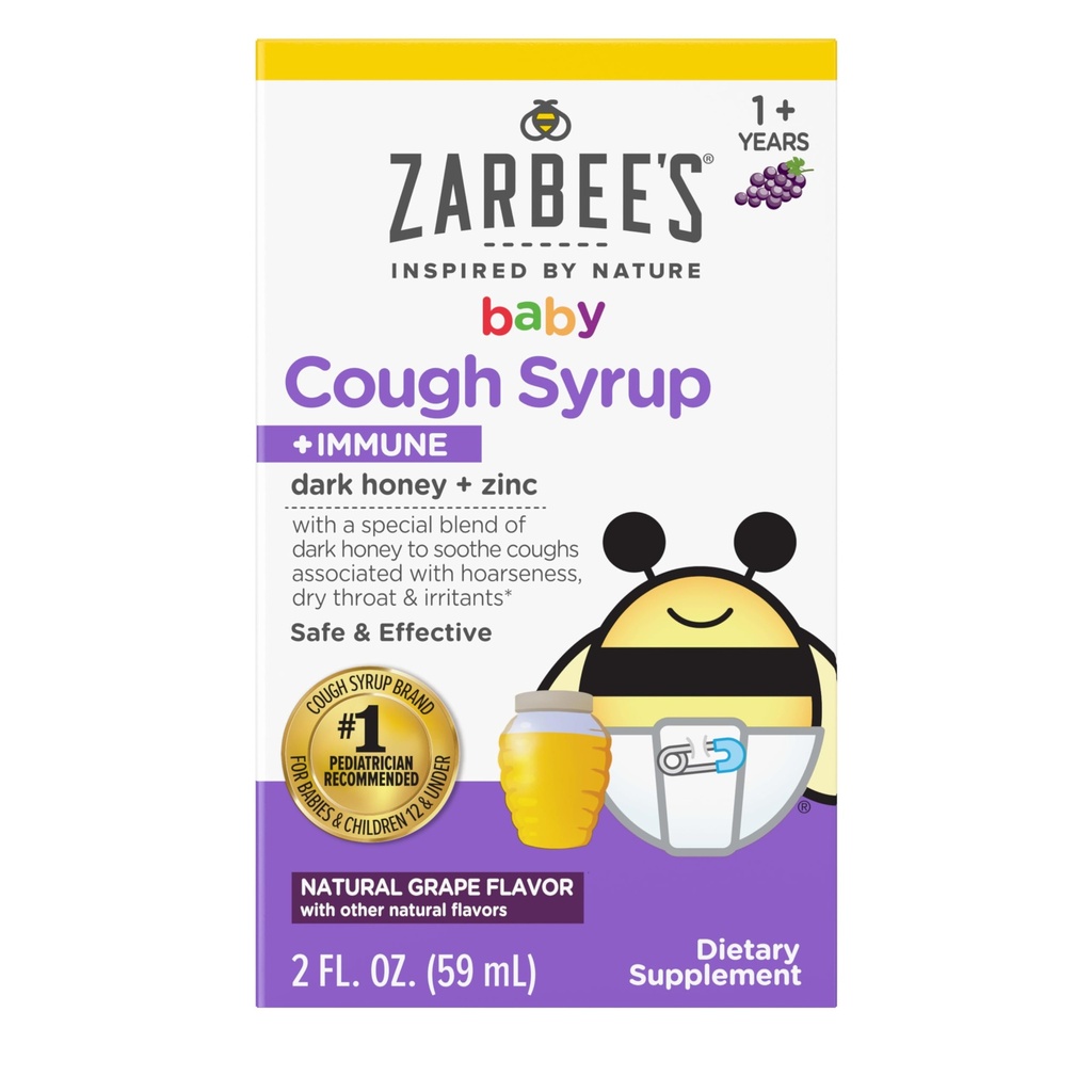 Zarbee's Baby Honey Cough Syrup + 아기 12-24 개월, 안전하고 효과적인 Cough Syrup Immune Support*, Drug & Alcohol-Free, Grape, 2 fl. Oz