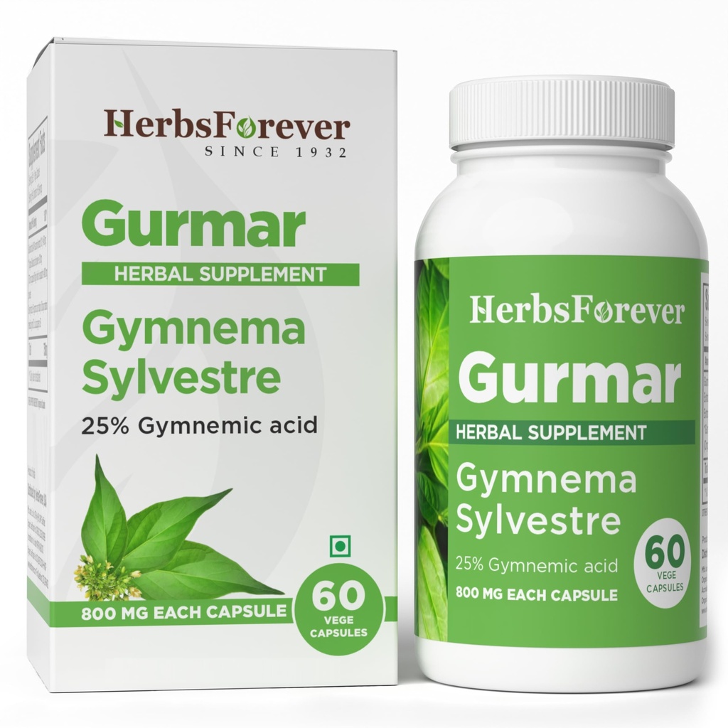 Herbsforever Gurmar 캡슐 | Gymnema Sylvestre 초본 보충 | 7:1 집중된 추출물 | 건강한 라이프 스타일 | 60 Veg 캡슐 | Non-GMO & Vegan