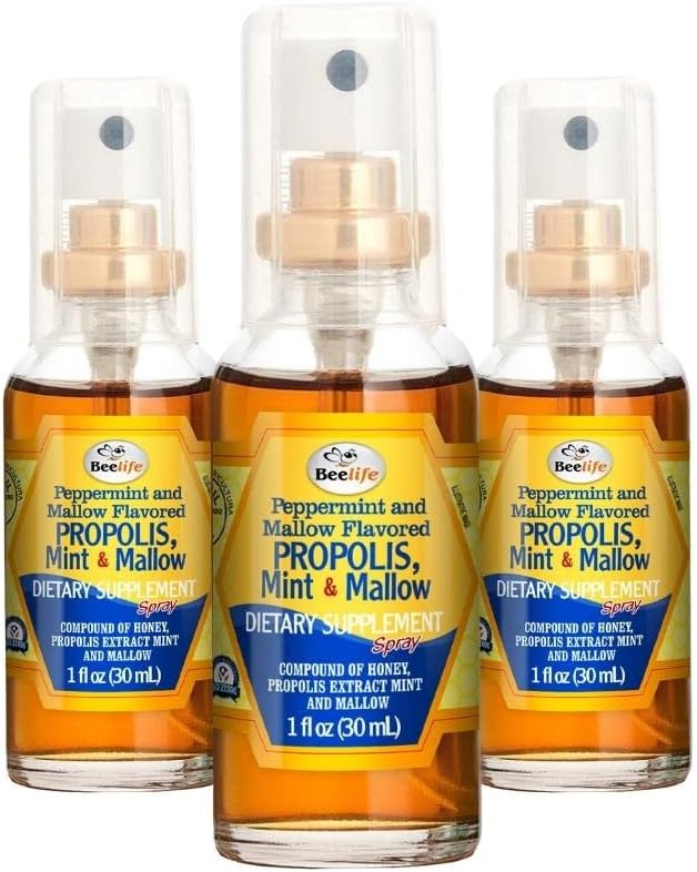Beelife Propolis Throat 스프레이 - Soothing Honey, Mint & Malva Propolis 스프레이 - 자연 면역 지원 및 Sore Throat Relief - Bee Propolis - Antioxidants, Flavonoids & Artepillin C, Gluten-Free - 3-Pack