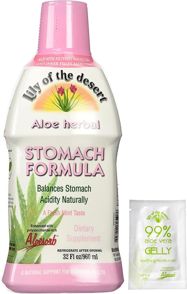 사막 Stomach 공식의 Lily, Slippery Elm, Chamomile, Peppermint 및 Gut Health, Acid Reflux, Heartburn Relief, 32 Oz, Gelly Sachet 포함 유기 알로에 Vera 주스.